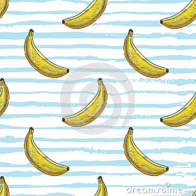 Tropical seamless pattern. Exotic banana fruits on blue white watercolor stripes background. Vector sketch illustration Vector Illustration