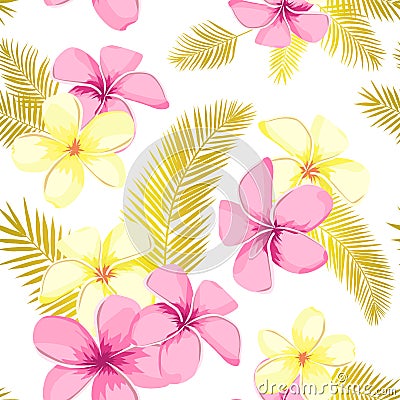 Tropical seamless pattern with exotic palm leaves and tropical flower. Tropical monstera. Hawaiian style. Vector illustration Cartoon Illustration