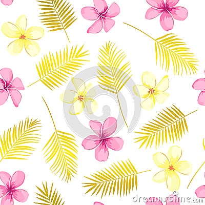 Tropical seamless pattern with exotic palm leaves and tropical flower. Tropical monstera. Hawaiian style. Vector illustration Cartoon Illustration