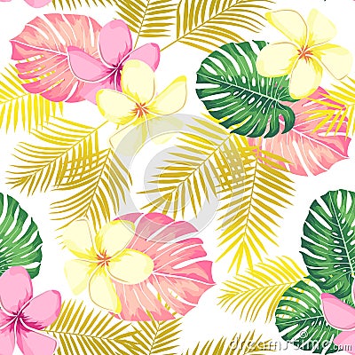 Tropical seamless pattern with exotic palm leaves and tropical flower. Tropical monstera. Hawaiian style. Vector illustration Cartoon Illustration