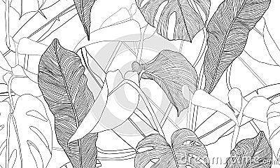 Vector tropical seamless pattern. Exotic plants isolated on white background. Hand drawn textile print. Vector Illustration
