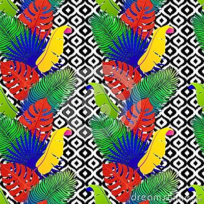 Tropical seamless pattern with exotic vivid leaves on black and white tribal background. Monstera, palm, banana leaves Vector Illustration