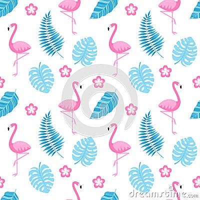 Tropical seamless pattern with flamingo, tropic flowers, monstera and banana leaves. Vector Illustration