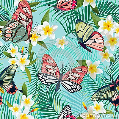Tropical Seamless Pattern with Flowers and Exotic Butterflies. Palm Leaves Floral Background. Fashion Fabric Design Vector Illustration