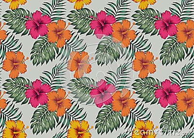 Tropical seamless pattern with flowers hibiscus palm monstera le Vector Illustration