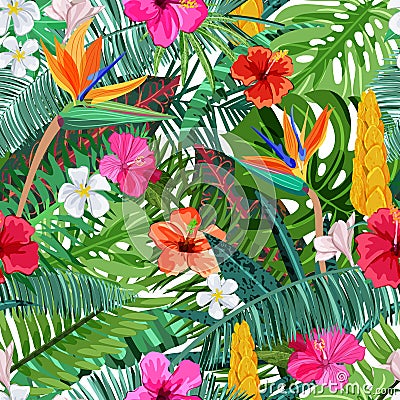 Tropical seamless pattern with flowers hibiscus, plumeria, strelitzia and palm, monstera leaves. Vector illustration. Vector Illustration