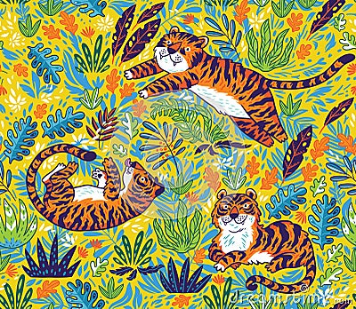 Tropical seamless pattern with funny tigers in cartoon style. Vector illustration Vector Illustration