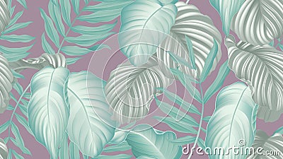 Tropical seamless pattern, green Dypsis lutescens or yellow palm, dumbcane and green Calathea orbifolia leaves on purple Vector Illustration