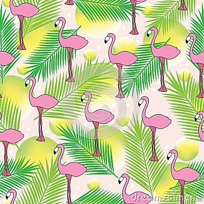 Tropical seamless pattern with hand drawn flamingo, palm leaves and yellow circles. Background for banners and textile. Vector Illustration