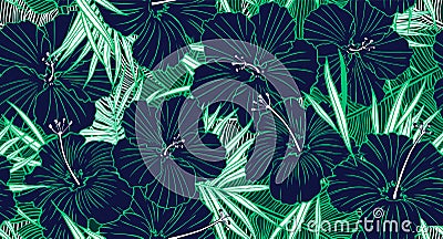 Tropical seamless pattern with hibiscus flower. Vector Illustration