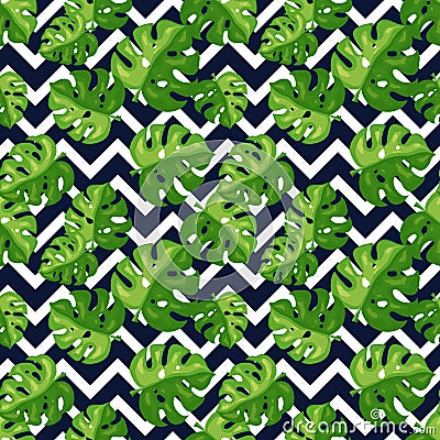 Tropical seamless pattern with leaves and chevron background. Vector Vector Illustration