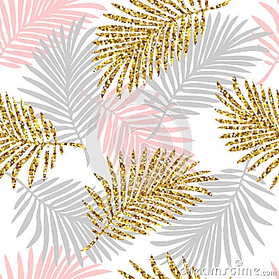 Tropical seamless pattern with monstera leaves and golden glitter texture. Vector Illustration