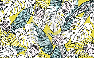 Tropical seamless pattern with palm leaves and exotic protea. Vector Vector Illustration