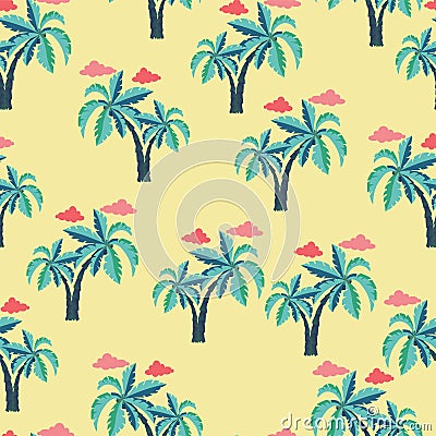 Pattern with Palm trees and clouds. Vector Illustration