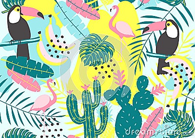 Tropical seamless pattern with toucan, flamingos, cactuses and exotic leaves. Vector Illustration