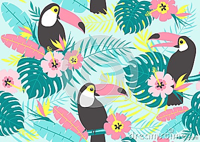 Tropical seamless pattern with toucans, exotic leaves and flowers. Vector Illustration