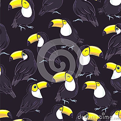Tropical seamless pattern with toucans, exotic leaves and pineapples. Vector illustration Vector Illustration