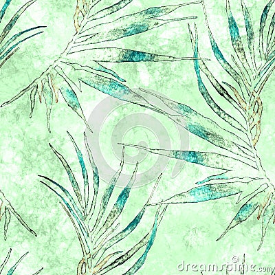 Tropical seamless pattern. Watercolor curved palm leaves, japanese bamboo. Green exotic swimwear design. Summer tropic repeated Cartoon Illustration