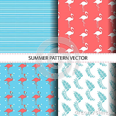Tropical Seamless Vector Floral Summer Pattern with Flamingo Bird and Palm Leave Vector Illustration