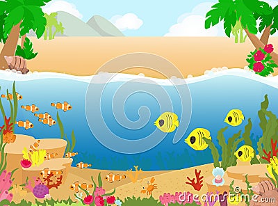 Tropical seashore with mountains, palm trees, shells, sand and underwater world of corals and marine fish and seaweed. Vector Illustration