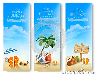 Tropical seaside with palms, a beach chair and a suitcase. Vector Illustration