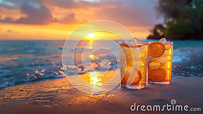 Tropical Serenity: Refreshments at Sunset on a Perfect Beach Stock Photo