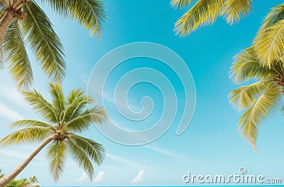 Tropical Serenity: Vintage Palm Trees and Blue Sky View from Below. Stock Photo
