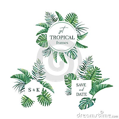 Tropical set of watercolor frames of leaves. Stock Photo