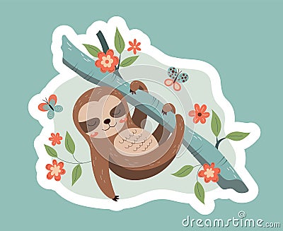 Tropical sloth sticker Vector Illustration