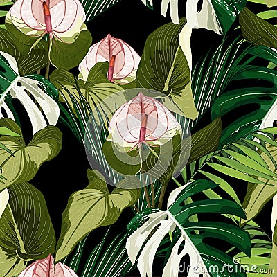 Tropical Spathiphyllum flowers, palm leaves, jungle leaves. Stock Photo