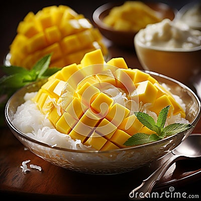 tropical special angle commercial shot of a bowl of Mango Sticky Rice, showcasing the vibrant yellow mango slices by AI generated Stock Photo