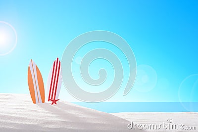 Tropical still life. Dawn on the sandy coast. Two surfboards on the beach Stock Photo