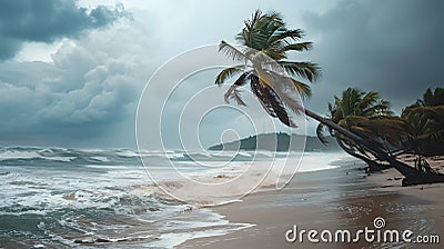 Tropical Stormy Beach with Palm Trees in Dramatic Ocean View Stock Photo
