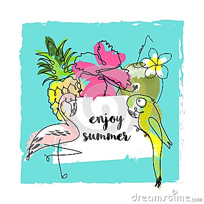 Tropical summer background with cute cartoon items Vector Illustration