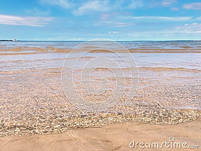 summer beach sand sea water wave sunny day blue sky white clouds at Tropical sea seascape Stock Photo