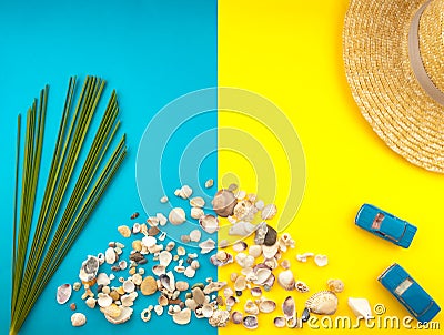 Summer Beach Travel concept. Palm Tree Leaf, straw hat, seashell, blue car on yellow background Stock Photo