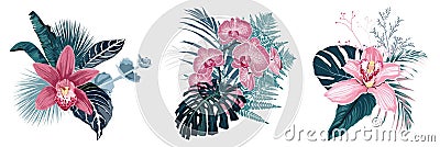 Tropical summer bouquet with palm leaves and exotic flowers. Vector Illustration