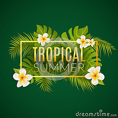 Tropical summer design poster template. Summer vacation with leafs and flowers. Jungle paradise Vector Illustration