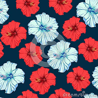 Tropical summer flowers dark blue background. Seamless pattern of red and blue hibiscus flowers. Cartoon Illustration