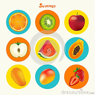 Tropical Summer Fruit Vector Icon Set Stock Photo