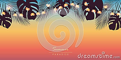 Tropical summer paradise background with fairy light and palm leaves Vector Illustration