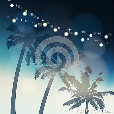 Tropical summer party or Festa Junina greeting card, invitation. Silhouette of palm trees again the evening sky Vector Illustration