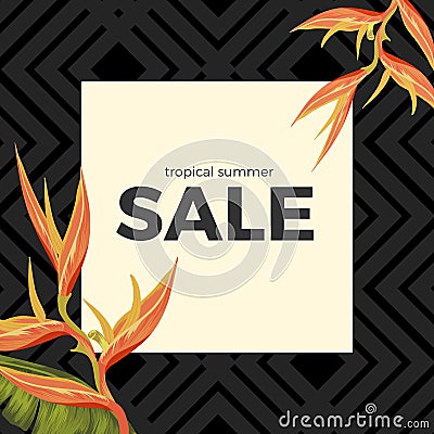 Tropical summer sale with Heliconia Sunset Orange flowers Vector Illustration