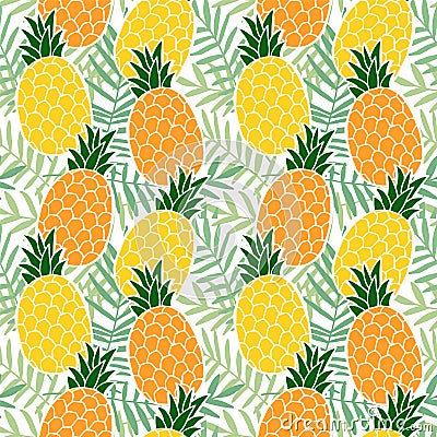 Tropical summer seamless pattern. Pineapple fruit, palm leaves. Hawaii flat design. Vector Vector Illustration