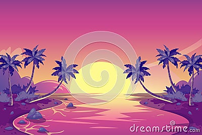 Tropical summer sunset. Vector cartoon island landscape illustration. Palm trees on the ocean beach. Vector Illustration