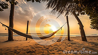 Tropical sunset beach and sky background as exotic summer landscape with beach swing or hammock and white sand and calm sea beach Stock Photo