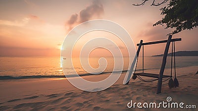 Tropical sunset beach and sky background as exotic summer landscape with beach swing or hammock and white sand and calm sea beach Stock Photo