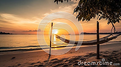 Tropical sunset beach and sky background as exotic summer landscape with beach swing or hammock and white sand and calm sea beach Stock Photo