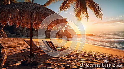 Tropical sunset on a beach with two sunbeds and an umbrella, generative ai Stock Photo