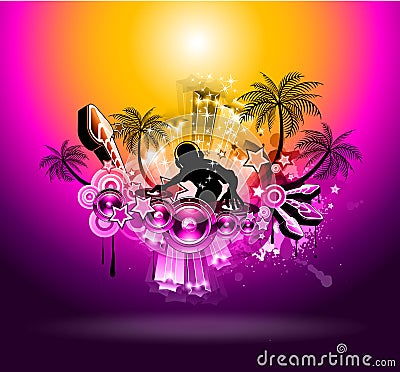 Tropical Sunset Music Party Disco Flyer Vector Illustration